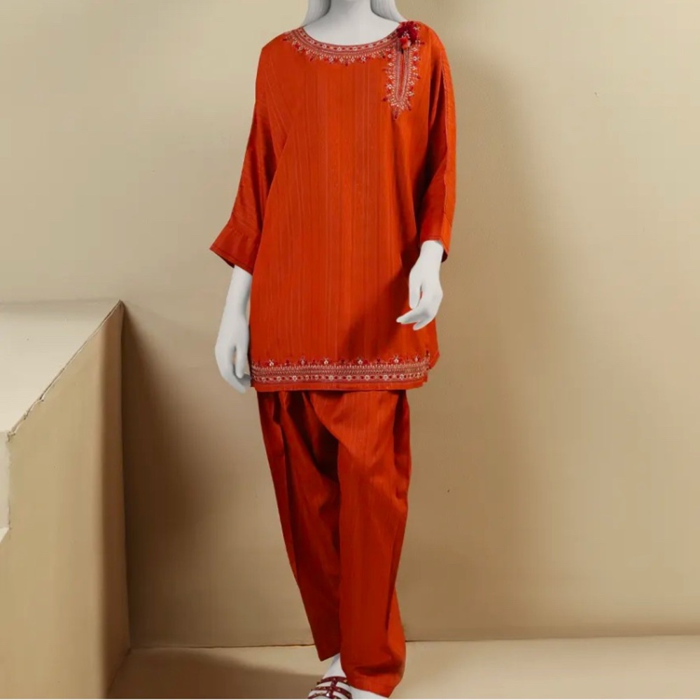 Pakistani Elegant Rust Embroidered Women's 2pc Suit by Junaid Jamshed in Size 12